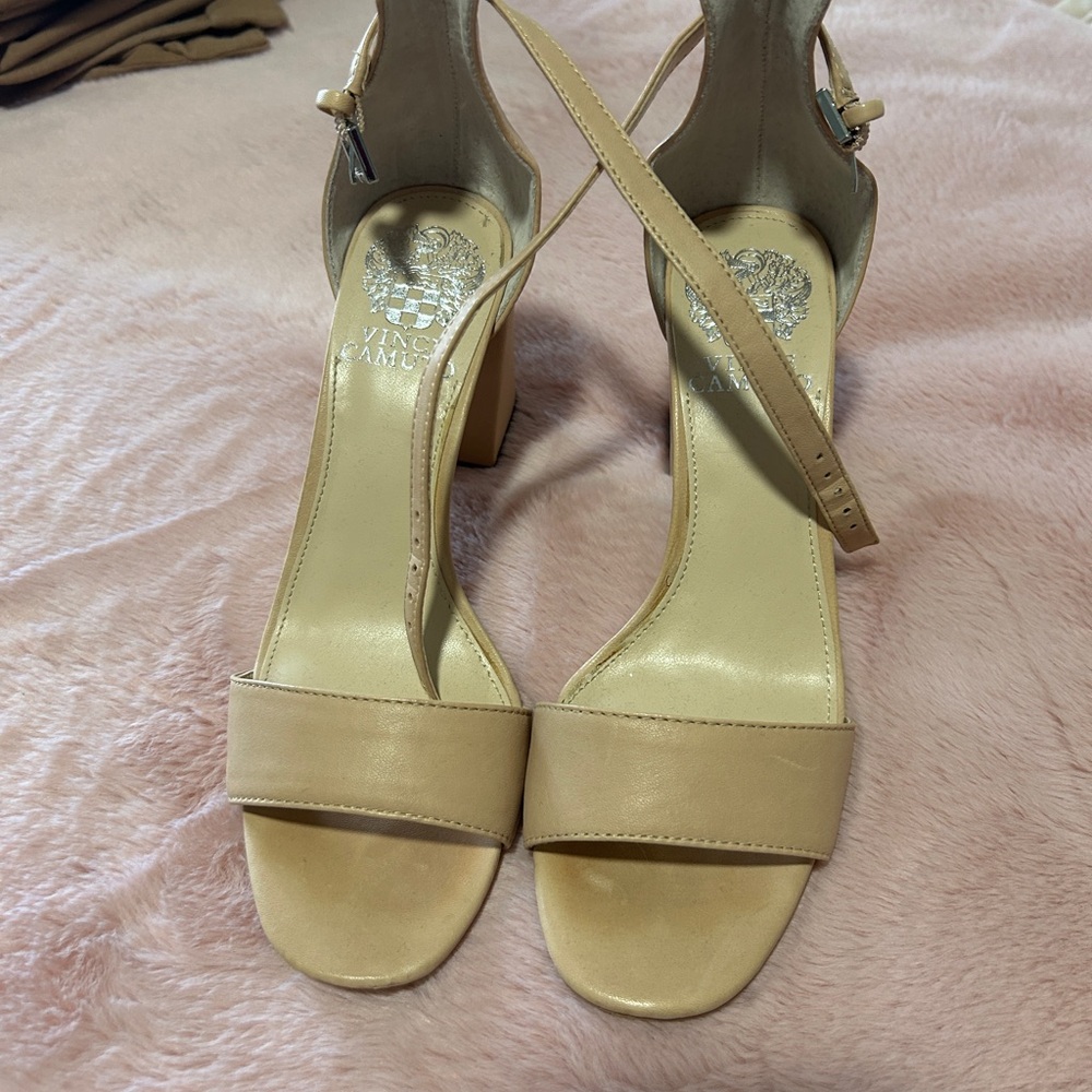 Vince Camuto Neutral Beige Ankle-Strap Block Heel Sandals